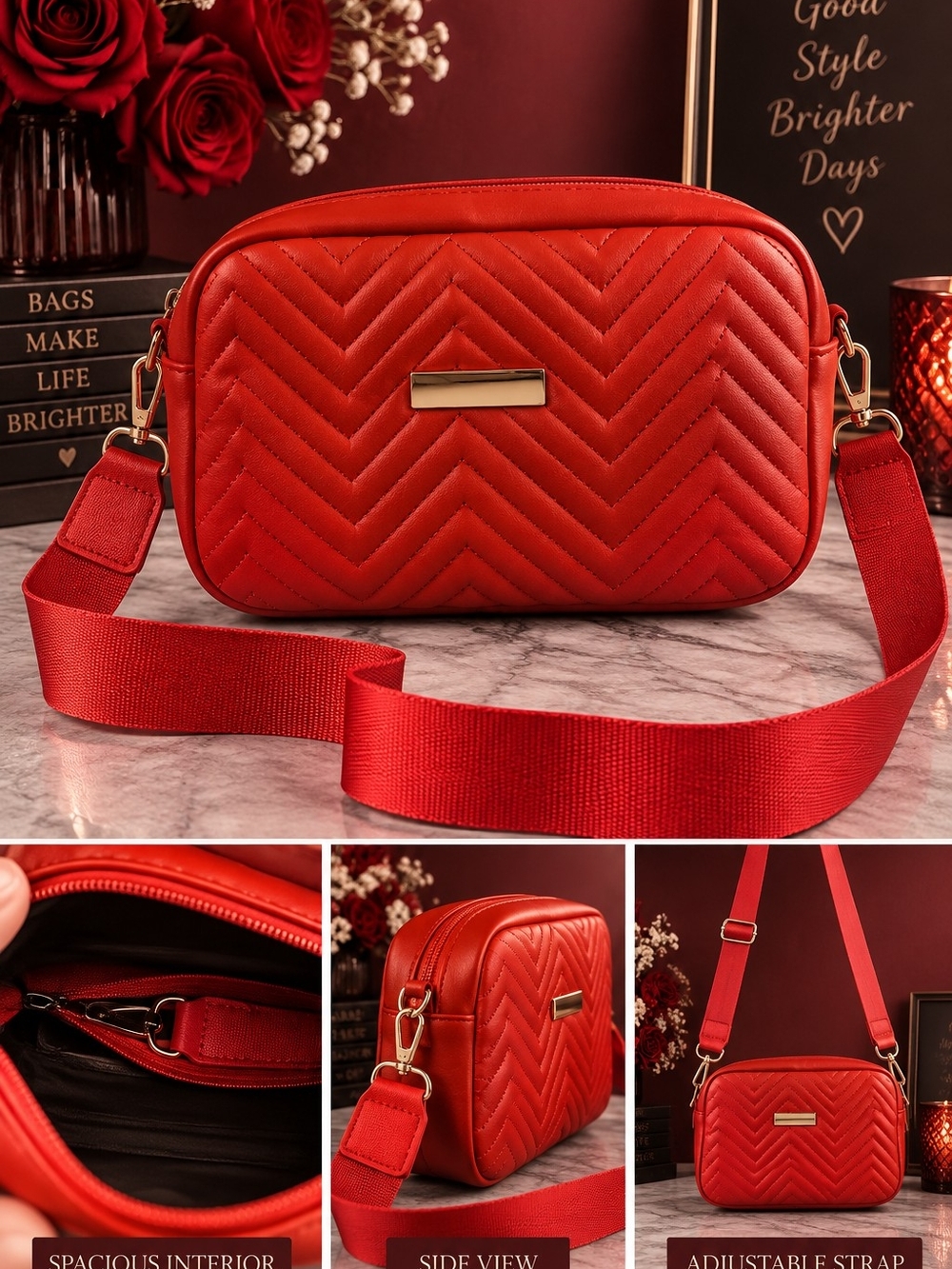 Quilted Red Crossbody Bag with Adjustable Strap